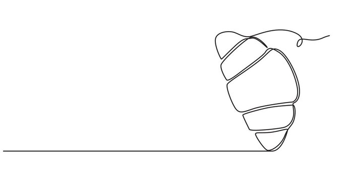 Animated self drawing of single continuous line draw stylized sweet online croissant cake shop logo label. Emblem pastry store concept. Full length one line animation for cafe or food delivery service