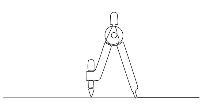 One continuous line drawing animation of compass stationery tool drawn with single line. Can be used to make circles on paper. Animation video