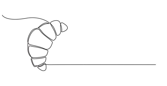 Animated self drawing of single continuous line draw stylized sweet online croissant cake shop logo label. Emblem pastry store concept. Full length one line animation for cafe or food delivery service