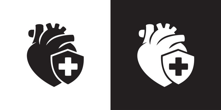Minimalist Heart Shield Medical Cross Icon - Modern Healthcare Protection Emergency Graphic, Simple Cardiology Insurance Defense Emblem, and Hospital First Aid Care Vector