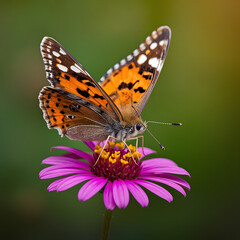 Naklejka premium Beautiful Painted Lady Butterfly Resting on Vibrant Pink Coneflower in Natural Garden Macro Photography