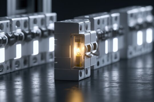 Cinematic 3D Render Showing an Electrical Fuse Box With One Blown Fuse While Other Fuses Remain Functional Against a Dark Background