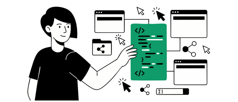 Web developer coding software program in workspace interface for website optimization. Female programmer designing user interface flow with green html code screen illustration. Modern tech vector sign