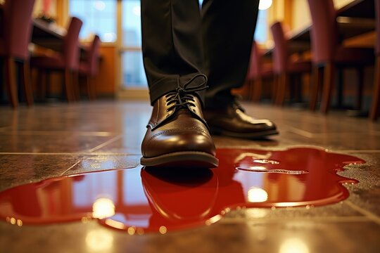 Tense Close-Up: Waiter&rsquo;s Shoe Slips on a Glossy Floor Amidst a Colorful Puddle of Spilled Drink Reflecting Overhead Lights