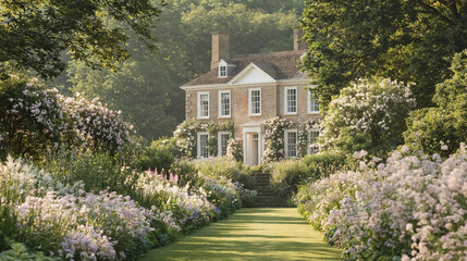 Naklejka premium Elegant Georgian country house with a manicured lawn and vibrant flower garden on a sunny summer day