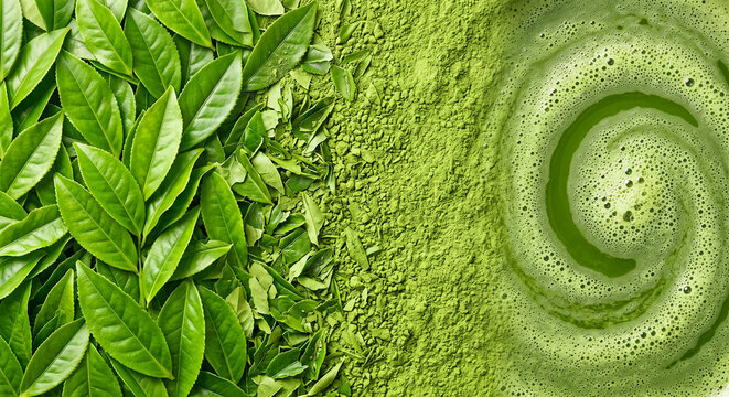 Overhead flat lay texture of traditional Japanese green tea process seamlessly transitioning from fresh vibrant green tea leaves to bright matcha powder and frothy whisked liquid with a swirl
