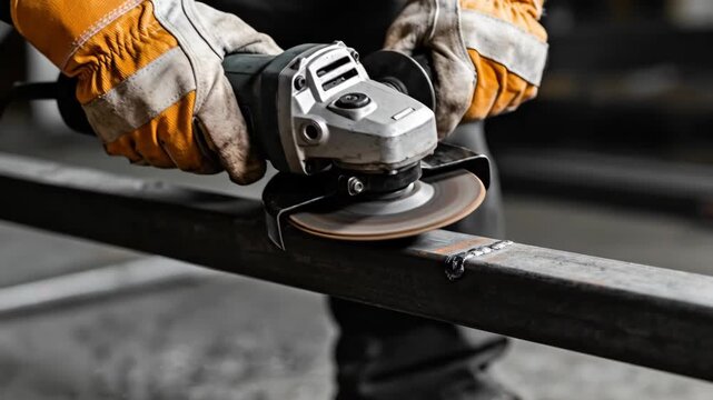 A close-up shot of a worker in protective gloves using an angle grinder to cut through a metal beam.