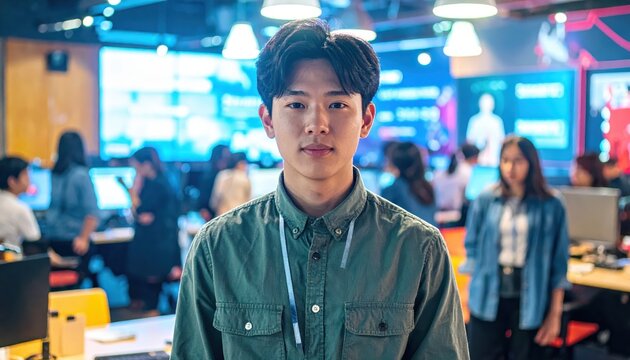 Young Asian Entrepreneur Networking at a Tech Startup Event