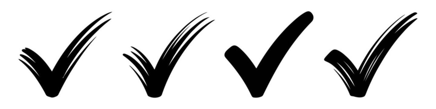Hand drawn brush stroke check mark icons for business approval and task completion symbols
