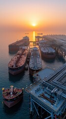 Fototapeta premium Sunrise aerial view of a large industrial port with docked oil tankers and cargo ships at dawn.