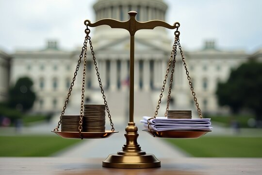 Close-Up of a Traditional Scale: One Side Burdened with Coins for Fair Wages, the Other Overwhelmed by Legislative Documents, Amidst a Softly Blurred Background