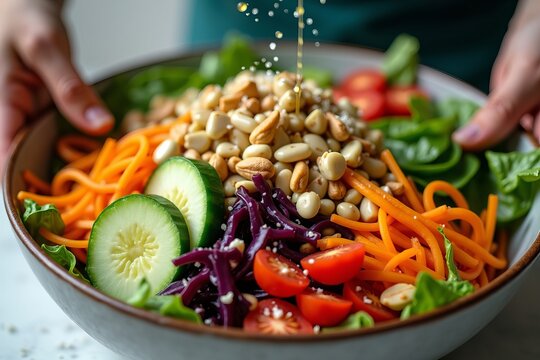 Dynamic Toss of a Lively Salad Bowl: A Burst of Colorful Vegetables, Nuts, and Vinaigrette Captured in Motion