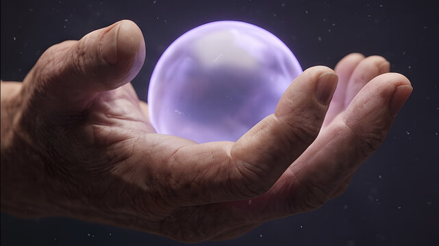 Close up of an old wrinkled hand gently holding a magical glowing purple sphere in the dark
