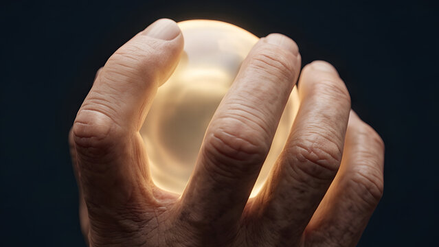 Close up of a senior wrinkled hand gripping a bright glowing golden magic orb against a dark background
