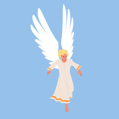 Fototapeta premium Blond angel in white robe with large wings isolated on blue vector illustration