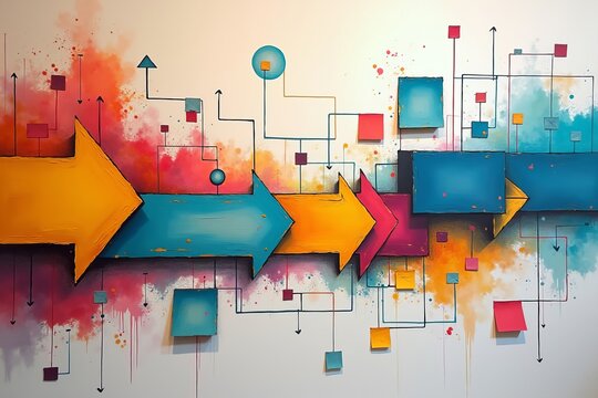 Design a Stunning Abstract Flowchart Art Piece on a Large Canvas, Incorporating Vivid Colors and Geometric Shapes to Illustrate Various Pathways and Nodes. Every Segment...