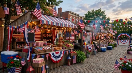 Fototapeta premium Festive Independence Day Street Fair Celebration with American Flags and Food Stalls