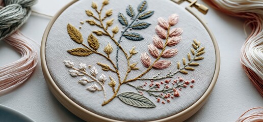 Naklejka premium Delicate Floral Embroidery Design on Hoop with Thread Spools for Crafting and Home Decor