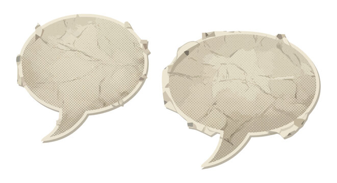 Ancient stone speech bubbles with cracked texture and halftone