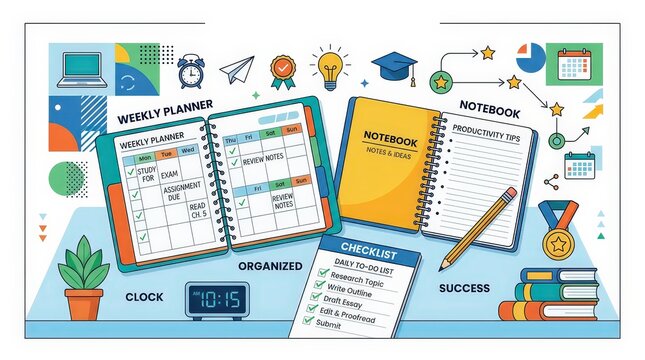 A colorful illustration of a desk with a weekly planner notebook and checklist to help with organization and productivity