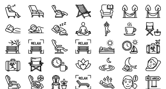 Relaxation and leisure icon set spa beach and wellness line art