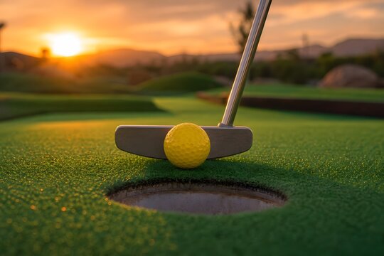 Mini Golf Putt at Sunset - Yellow Ball Nearing the Hole on a Green Course.