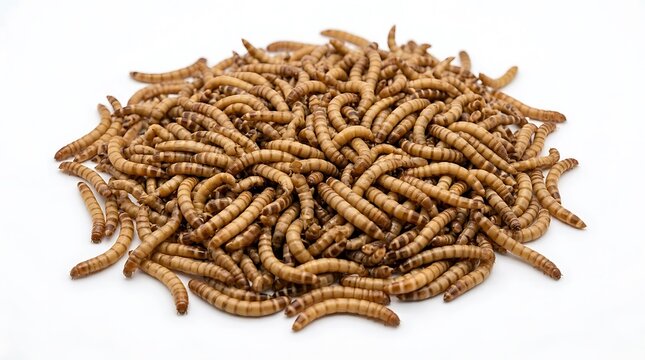 Heap of live mealworms isolated on white background