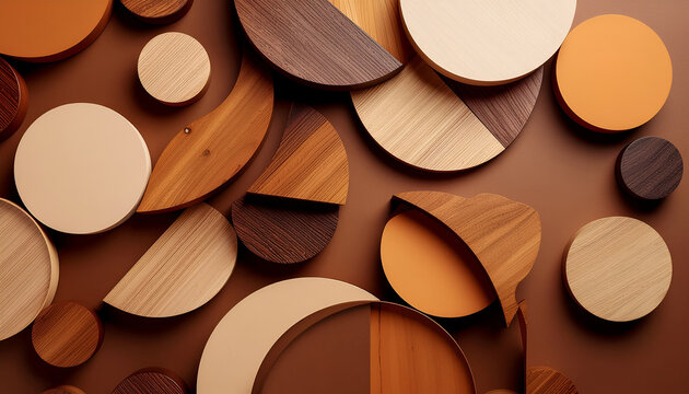 An abstract composition of wooden circles and semi-circles in varying shades of brown creates a textured and visually engaging arrangement against a warm, solid background.