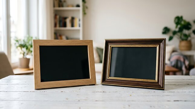 Two blank wooden picture frames on a white table in a cozy room