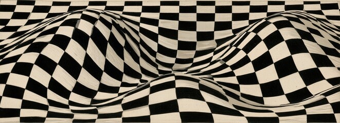 Obraz premium Distorted Checkerboard Pattern Creates Optical Illusion of Waves and Curves.