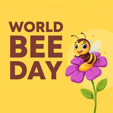 World bee day poster with cute cartoon bee resting on purple flower pollination conservation environment