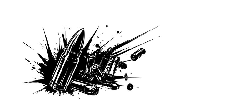 Bullet Casings and Cartridges Detailed Vector Illustration with Ink Splatter and Dynamic Motion Lines on White Background