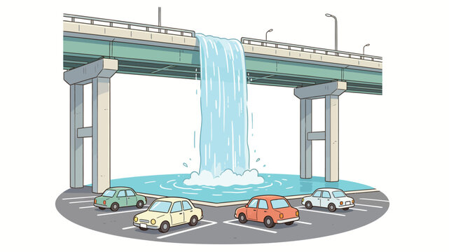 Surreal Cartoon Illustration of a Highway Overpass Cavernous Waterfall Falling Into Street Parking