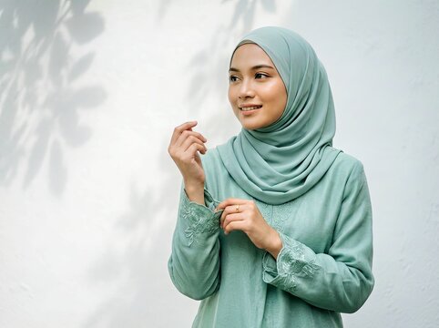 Woman in Light Green Hijab and Lace Sleeve Top Adjusting Bracelet Against Blurred Background