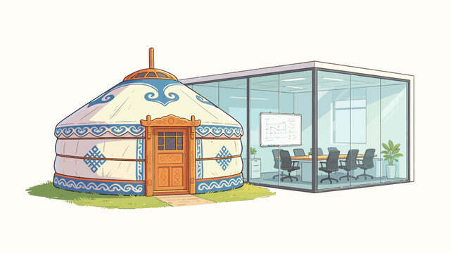 Traditional Mongolian Yurt Adjacent to Modern Glass Office Conference Room with Office Furniture