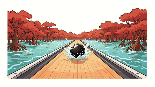 Bowling Ball Splashing Through Water on Wooden Gutter in Autumnal Swamp Forest