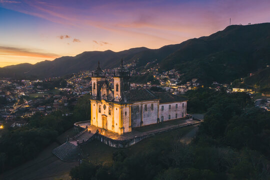 Church of Saint Francis of Paola in Ouro Preto, Minas Gerais, Brazil during sunset (drone photo)