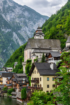 The beautiful village and the Roman Catholic church of Hallstatt in Austria. This is the second most visited place in Austria after Vienna. 