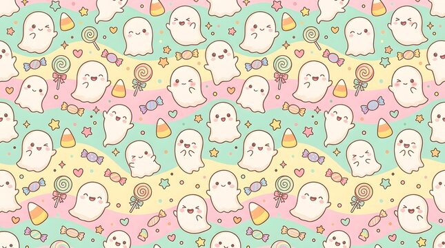 Seamless pattern with cute cartoon ghosts, candy corn, lollipops, and sweets on a pastel wavy background