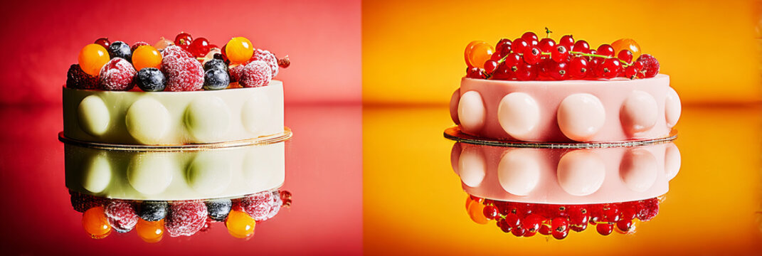 A white chocolate cake with a shiny mirror glaze sits on a surface that reflects its colors. The cake is topped with assorted berries. The scene shows a sunny setting during the day