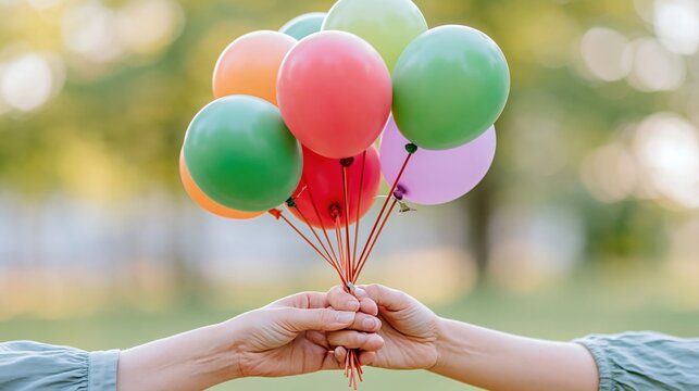 Hands sharing a vibrant bunch of colorful balloons outdoors, symbolizing celebration and joy