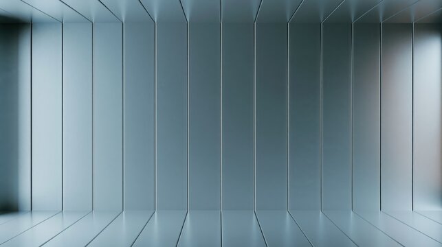 Abstract futuristic interior with ribbed metallic walls and reflective floor creating a modern geometric space