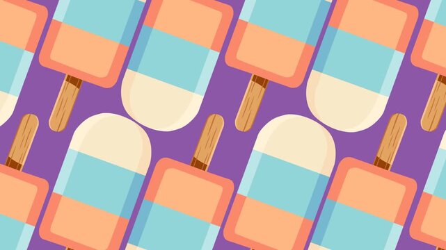 Seamless repeating pattern featuring colorful pastel popsicles on a purple background. Perfect for summer promotions, frozen dessert themes, food advertising