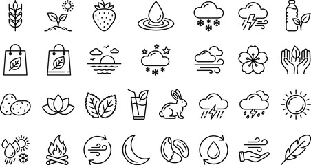 Fototapeta premium Nature elements weather forecasting ecology protection farming agriculture wild animals and plants outline vector icons set