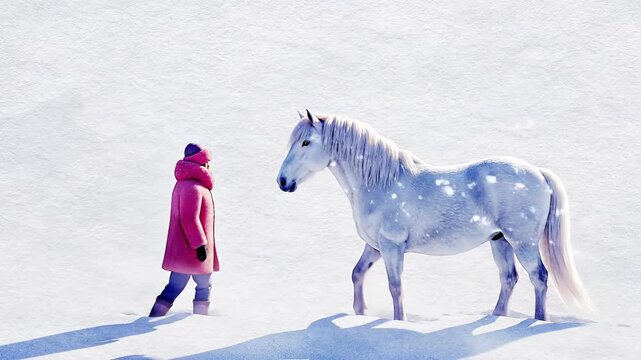 A young person encounters a majestic white horse in a painterly, snowy wonderland, where watercolor life emerges, creating a beautiful dreamlike vista
