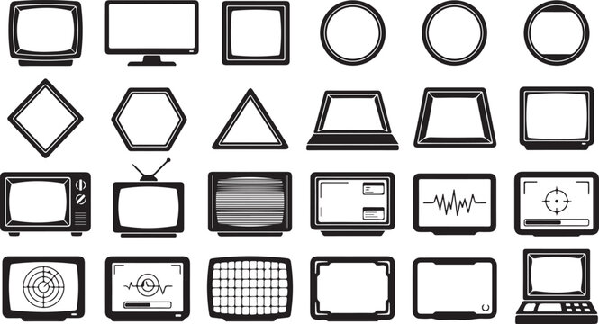 Set of black vintage television and monitor icons on transparent background graphic.