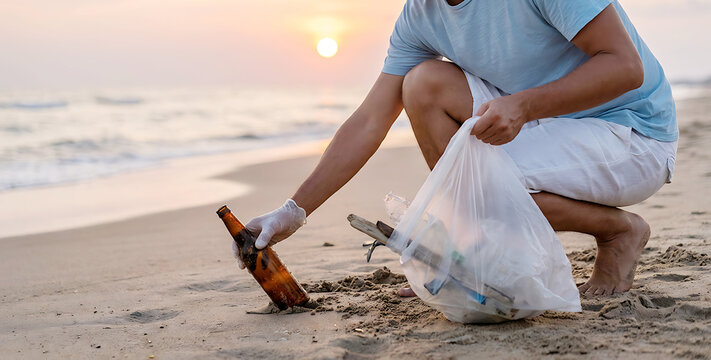 Man Cleaning Plastic Pollution From Sandy Beach During Sunset Environmental Conservation Concept