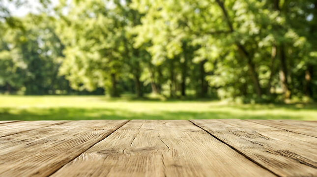 Empty Wooden Table Surface In Sunny Green Forest Park Background For Product Mockup Display
