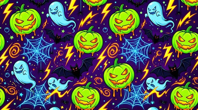 Seamless halloween pattern with neon green pumpkins, ghosts, bats, spider webs, and lightning bolts on a dark purple background