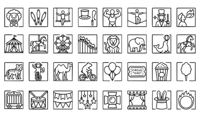 Circus icon set line art illustrations of performers animals and attractions © Alamin